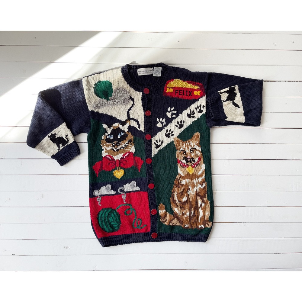 vtg 90s The Eagles‎ Eye cat kitten novelty embroidered cardigan sweater size S